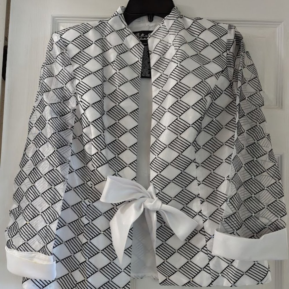 Black and White Geometric Evening Blazer with White Bow